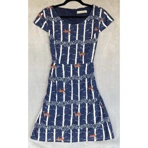Sm Wardrobe Dress Women's XL Blue Multi Deer Fawn Tie-Back A-Line Preppy Natural